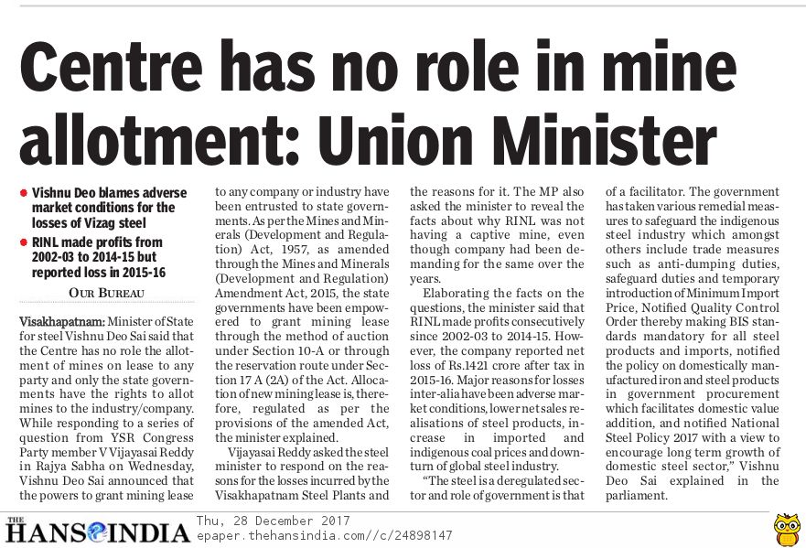 Centre has no role in mine allotment:Union Minister