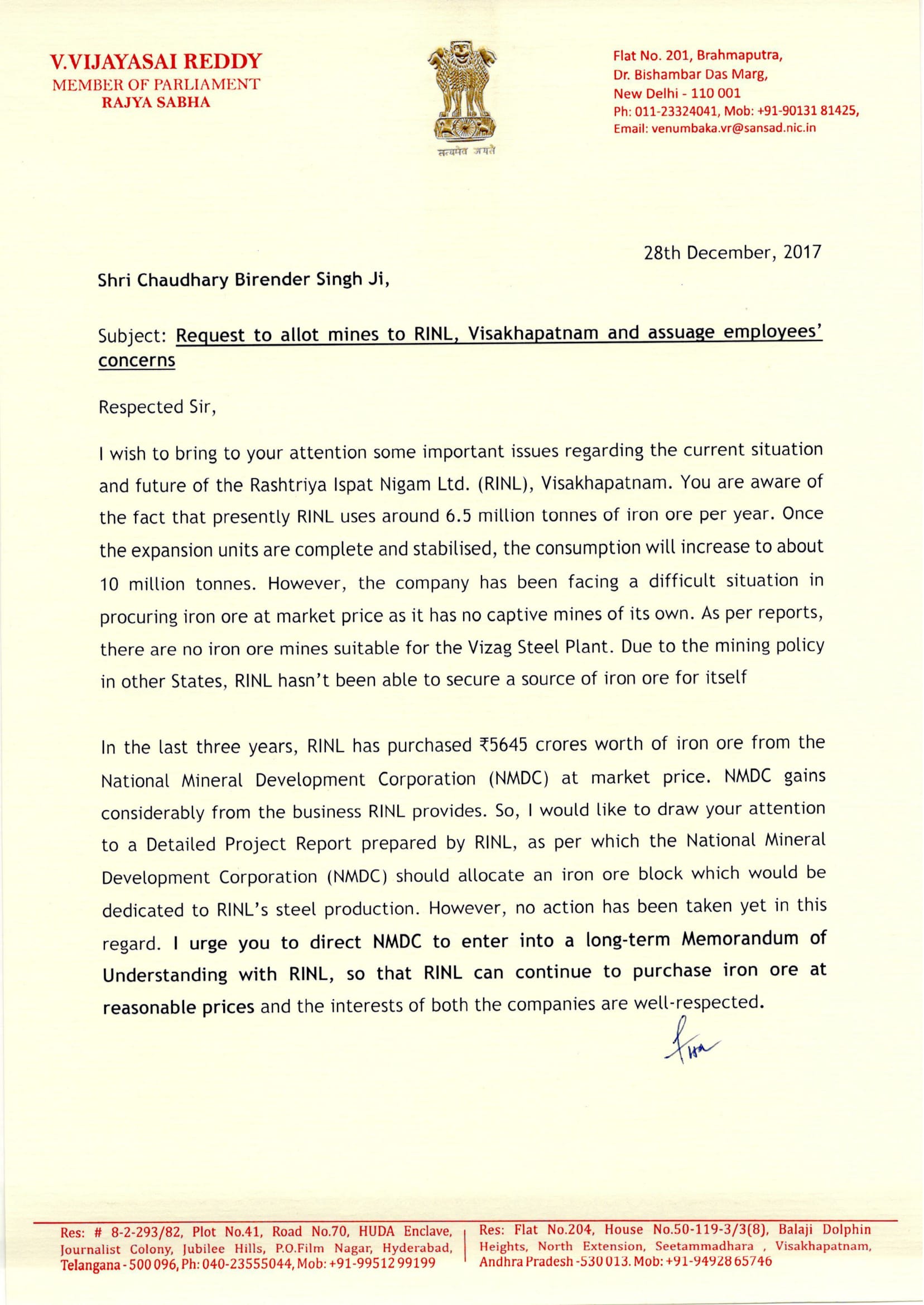 Letter to Chaudary Birender Singh