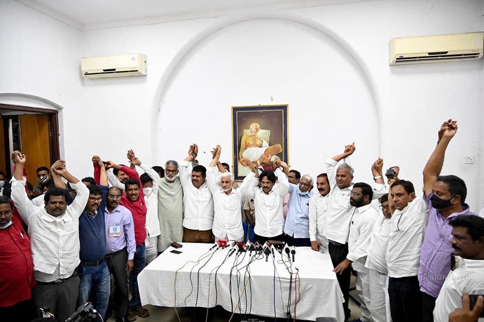 Interacted with leaders of all trade unions, post which addressed a press conference regarding the privatisation of Visakhapatnam Steel Plant.