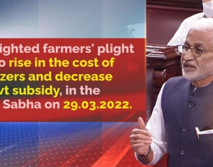 Highlighted farmers' plight due to rise in cost of fertilizers & decrease in Govt subsidy, in RS.